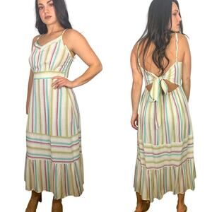 LunaChix Cream Midi Striped Back Bow Tie Dress